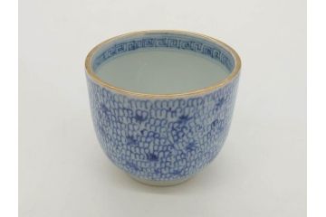 江戸後期　微塵唐草文染付　金縁と緻密な線描きが素敵なそば猪口5客セット(みじんからくさ、蕎麦猪口、湯呑み、湯のみ、和食器)(R-076808)