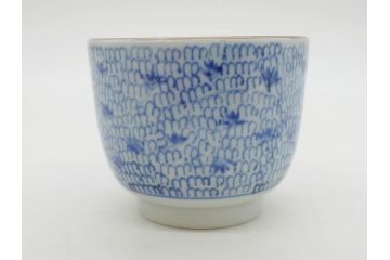 江戸後期　微塵唐草文染付　金縁と緻密な線描きが素敵なそば猪口5客セット(みじんからくさ、蕎麦猪口、湯呑み、湯のみ、和食器)(R-076808)