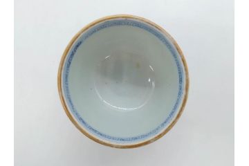 江戸後期　微塵唐草文染付　金縁と緻密な線描きが素敵なそば猪口5客セット(みじんからくさ、蕎麦猪口、湯呑み、湯のみ、和食器)(R-076808)
