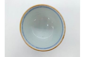 江戸後期　微塵唐草文染付　金縁と緻密な線描きが素敵なそば猪口5客セット(みじんからくさ、蕎麦猪口、湯呑み、湯のみ、和食器)(R-076808)