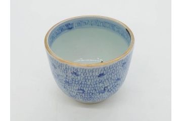 江戸後期　微塵唐草文染付　金縁と緻密な線描きが素敵なそば猪口5客セット(みじんからくさ、蕎麦猪口、湯呑み、湯のみ、和食器)(R-076808)