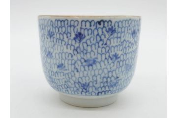 江戸後期　微塵唐草文染付　金縁と緻密な線描きが素敵なそば猪口5客セット(みじんからくさ、蕎麦猪口、湯呑み、湯のみ、和食器)(R-076808)