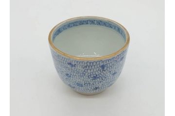 江戸後期　微塵唐草文染付　金縁と緻密な線描きが素敵なそば猪口5客セット(みじんからくさ、蕎麦猪口、湯呑み、湯のみ、和食器)(R-076809)