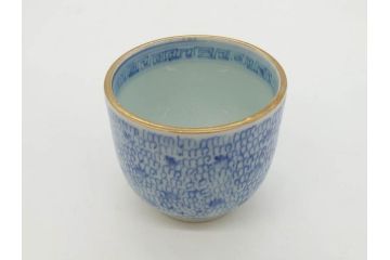 江戸後期　微塵唐草文染付　金縁と緻密な線描きが素敵なそば猪口5客セット(みじんからくさ、蕎麦猪口、湯呑み、湯のみ、和食器)(R-076809)