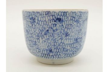 江戸後期　微塵唐草文染付　金縁と緻密な線描きが素敵なそば猪口5客セット(みじんからくさ、蕎麦猪口、湯呑み、湯のみ、和食器)(R-076809)