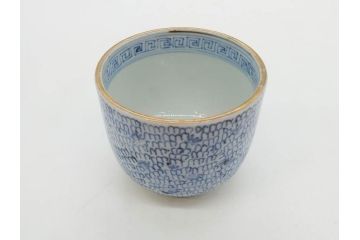 江戸後期　微塵唐草文染付　金縁と緻密な線描きが素敵なそば猪口5客セット(みじんからくさ、蕎麦猪口、湯呑み、湯のみ、和食器)(R-076809)