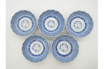 江戸後期　古伊万里　成化年製　微塵唐草文染付　約15cm　5寸　繊細な線描きが見事ななます皿5枚セット(みじんからくさ、中皿、和皿、和食器、五寸)(R-076810)