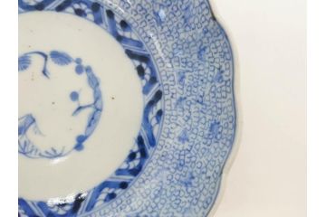 江戸後期　古伊万里　成化年製　微塵唐草文染付　約15cm　5寸　繊細な線描きが見事ななます皿5枚セット(みじんからくさ、中皿、和皿、和食器、五寸)(R-076810)