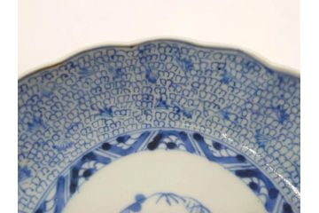 江戸後期　古伊万里　成化年製　微塵唐草文染付　約15cm　5寸　繊細な線描きが見事ななます皿5枚セット(みじんからくさ、中皿、和皿、和食器、五寸)(R-076810)