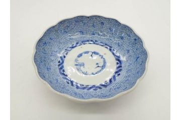 江戸後期　古伊万里　成化年製　微塵唐草文染付　約15cm　5寸　繊細な線描きが見事ななます皿5枚セット(みじんからくさ、中皿、和皿、和食器、五寸)(R-076810)