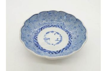 江戸後期　古伊万里　成化年製　微塵唐草文染付　約15cm　5寸　繊細な線描きが見事ななます皿5枚セット(みじんからくさ、中皿、和皿、和食器、五寸)(R-076810)