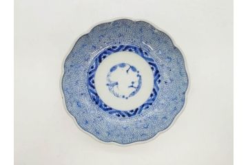 江戸後期　古伊万里　成化年製　微塵唐草文染付　約15cm　5寸　繊細な線描きが見事ななます皿5枚セット(みじんからくさ、中皿、和皿、和食器、五寸)(R-076810)