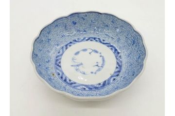 江戸後期　古伊万里　成化年製　微塵唐草文染付　約15cm　5寸　繊細な線描きが見事ななます皿5枚セット(みじんからくさ、中皿、和皿、和食器、五寸)(R-076810)