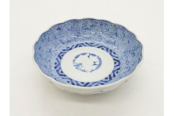 江戸後期　古伊万里　成化年製　微塵唐草文染付　約15cm　5寸　繊細な線描きが見事ななます皿5枚セット(みじんからくさ、中皿、和皿、和食器、五寸)(R-076810)