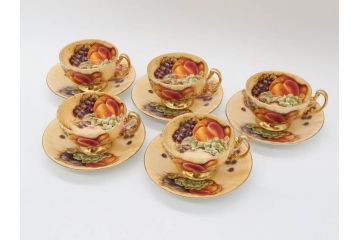 イギリス　EYNSLEY(エインズレイ)　オーチャードゴールド　食卓を彩る華やかなティーカップ&ソーサー5客セット(C&S、スティル・ライフ・フルーツ、洋食器、英国)(R-076816)
