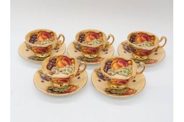 イギリス　EYNSLEY(エインズレイ)　オーチャードゴールド　食卓を彩る華やかなティーカップ&ソーサー5客セット(C&S、スティル・ライフ・フルーツ、洋食器、英国)(R-076816)
