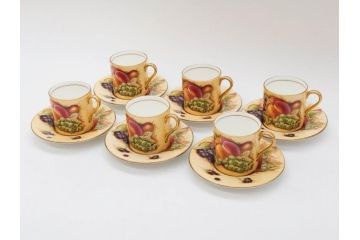 イギリス　EYNSLEY(エインズレイ)　オーチャードゴールド　食卓を彩る華やかなデミタスカップ&ソーサー6客セット(C&S、スティル・ライフ・フルーツ、洋食器、英国)(R-076817)