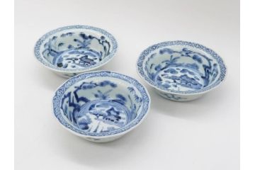 江戸期　古伊万里　染付　二重角福　渦福　松竹草花風景図　約15cm　5寸　優しい図柄が上品な深皿3枚セット(五寸、鉢、和食器、和皿)(R-076819)