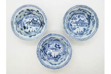 江戸期　古伊万里　染付　二重角福　渦福　松竹草花風景図　約15cm　5寸　優しい図柄が上品な深皿3枚セット(五寸、鉢、和食器、和皿)(R-076819)