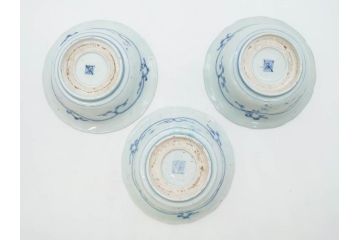 江戸期　古伊万里　染付　二重角福　渦福　松竹草花風景図　約15cm　5寸　優しい図柄が上品な深皿3枚セット(五寸、鉢、和食器、和皿)(R-076819)