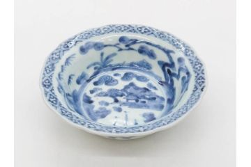 江戸期　古伊万里　染付　二重角福　渦福　松竹草花風景図　約15cm　5寸　優しい図柄が上品な深皿3枚セット(五寸、鉢、和食器、和皿)(R-076819)