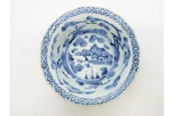 江戸期　古伊万里　染付　二重角福　渦福　松竹草花風景図　約15cm　5寸　優しい図柄が上品な深皿3枚セット(五寸、鉢、和食器、和皿)(R-076819)