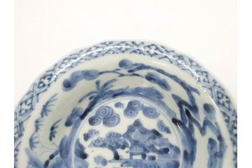 江戸期　古伊万里　染付　二重角福　渦福　松竹草花風景図　約15cm　5寸　優しい図柄が上品な深皿3枚セット(五寸、鉢、和食器、和皿)(R-076819)
