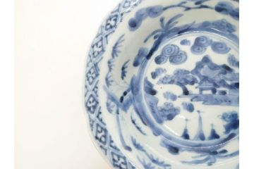 江戸期　古伊万里　染付　二重角福　渦福　松竹草花風景図　約15cm　5寸　優しい図柄が上品な深皿3枚セット(五寸、鉢、和食器、和皿)(R-076819)