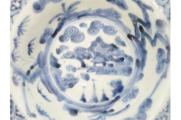 江戸期　古伊万里　染付　二重角福　渦福　松竹草花風景図　約15cm　5寸　優しい図柄が上品な深皿3枚セット(五寸、鉢、和食器、和皿)(R-076819)