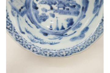 江戸期　古伊万里　染付　二重角福　渦福　松竹草花風景図　約15cm　5寸　優しい図柄が上品な深皿3枚セット(五寸、鉢、和食器、和皿)(R-076819)
