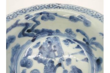 江戸期　古伊万里　染付　二重角福　渦福　松竹草花風景図　約15cm　5寸　優しい図柄が上品な深皿3枚セット(五寸、鉢、和食器、和皿)(R-076819)