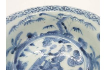 江戸期　古伊万里　染付　二重角福　渦福　松竹草花風景図　約15cm　5寸　優しい図柄が上品な深皿3枚セット(五寸、鉢、和食器、和皿)(R-076819)