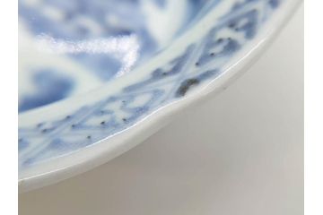 江戸期　古伊万里　染付　二重角福　渦福　松竹草花風景図　約15cm　5寸　優しい図柄が上品な深皿3枚セット(五寸、鉢、和食器、和皿)(R-076819)