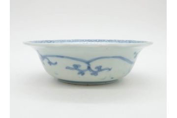 江戸期　古伊万里　染付　二重角福　渦福　松竹草花風景図　約15cm　5寸　優しい図柄が上品な深皿3枚セット(五寸、鉢、和食器、和皿)(R-076819)