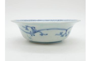 江戸期　古伊万里　染付　二重角福　渦福　松竹草花風景図　約15cm　5寸　優しい図柄が上品な深皿3枚セット(五寸、鉢、和食器、和皿)(R-076819)