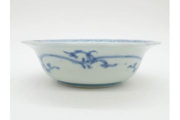 江戸期　古伊万里　染付　二重角福　渦福　松竹草花風景図　約15cm　5寸　優しい図柄が上品な深皿3枚セット(五寸、鉢、和食器、和皿)(R-076819)