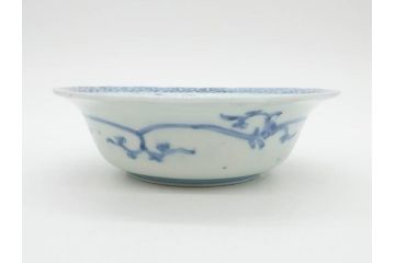 江戸期　古伊万里　染付　二重角福　渦福　松竹草花風景図　約15cm　5寸　優しい図柄が上品な深皿3枚セット(五寸、鉢、和食器、和皿)(R-076819)