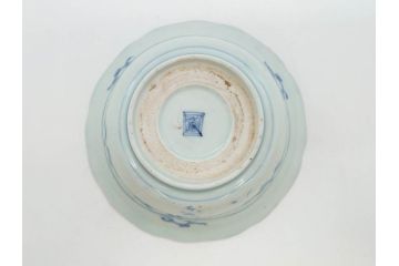 江戸期　古伊万里　染付　二重角福　渦福　松竹草花風景図　約15cm　5寸　優しい図柄が上品な深皿3枚セット(五寸、鉢、和食器、和皿)(R-076819)