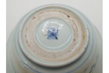 江戸期　古伊万里　染付　二重角福　渦福　松竹草花風景図　約15cm　5寸　優しい図柄が上品な深皿3枚セット(五寸、鉢、和食器、和皿)(R-076819)