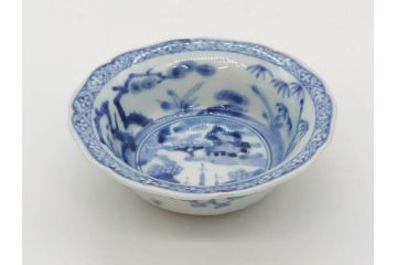 江戸期　古伊万里　染付　二重角福　渦福　松竹草花風景図　約15cm　5寸　優しい図柄が上品な深皿3枚セット(五寸、鉢、和食器、和皿)(R-076819)
