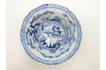 江戸期　古伊万里　染付　二重角福　渦福　松竹草花風景図　約15cm　5寸　優しい図柄が上品な深皿3枚セット(五寸、鉢、和食器、和皿)(R-076819)