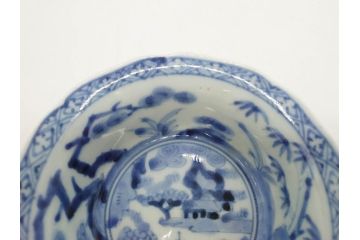 江戸期　古伊万里　染付　二重角福　渦福　松竹草花風景図　約15cm　5寸　優しい図柄が上品な深皿3枚セット(五寸、鉢、和食器、和皿)(R-076819)