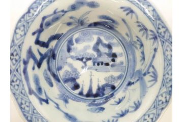 江戸期　古伊万里　染付　二重角福　渦福　松竹草花風景図　約15cm　5寸　優しい図柄が上品な深皿3枚セット(五寸、鉢、和食器、和皿)(R-076819)