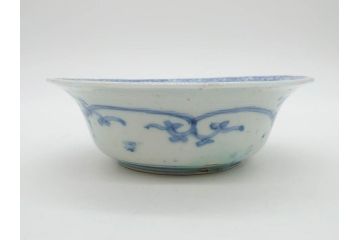 江戸期　古伊万里　染付　二重角福　渦福　松竹草花風景図　約15cm　5寸　優しい図柄が上品な深皿3枚セット(五寸、鉢、和食器、和皿)(R-076819)