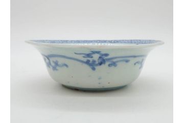 江戸期　古伊万里　染付　二重角福　渦福　松竹草花風景図　約15cm　5寸　優しい図柄が上品な深皿3枚セット(五寸、鉢、和食器、和皿)(R-076819)