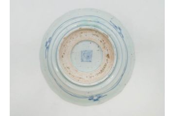 江戸期　古伊万里　染付　二重角福　渦福　松竹草花風景図　約15cm　5寸　優しい図柄が上品な深皿3枚セット(五寸、鉢、和食器、和皿)(R-076819)