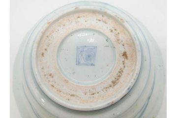 江戸期　古伊万里　染付　二重角福　渦福　松竹草花風景図　約15cm　5寸　優しい図柄が上品な深皿3枚セット(五寸、鉢、和食器、和皿)(R-076819)