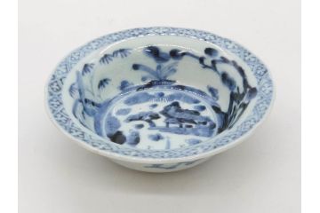 江戸期　古伊万里　染付　二重角福　渦福　松竹草花風景図　約15cm　5寸　優しい図柄が上品な深皿3枚セット(五寸、鉢、和食器、和皿)(R-076819)