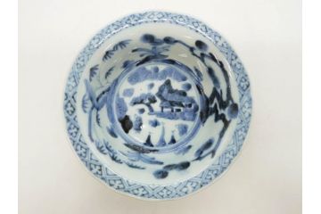 江戸期　古伊万里　染付　二重角福　渦福　松竹草花風景図　約15cm　5寸　優しい図柄が上品な深皿3枚セット(五寸、鉢、和食器、和皿)(R-076819)