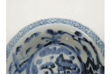 江戸期　古伊万里　染付　二重角福　渦福　松竹草花風景図　約15cm　5寸　優しい図柄が上品な深皿3枚セット(五寸、鉢、和食器、和皿)(R-076819)